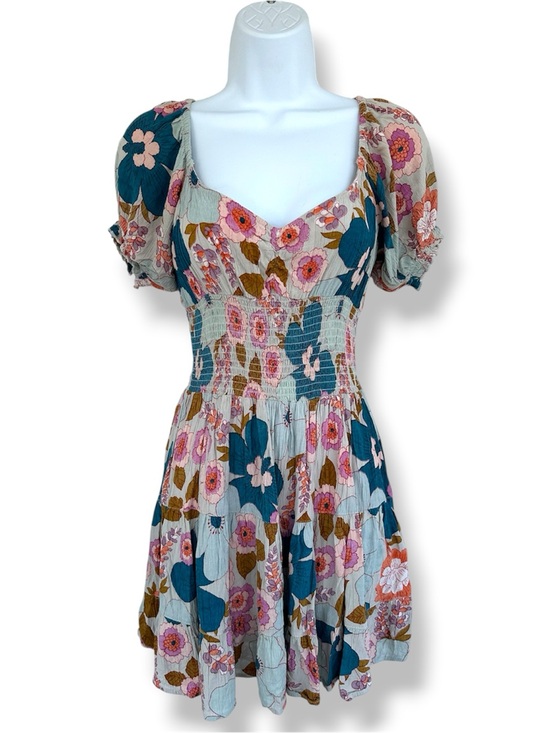 Angie Dresses & Skirts - Angie Teal, Pink and Brown Floral Puff-Sleeve Smocked Mini Dress